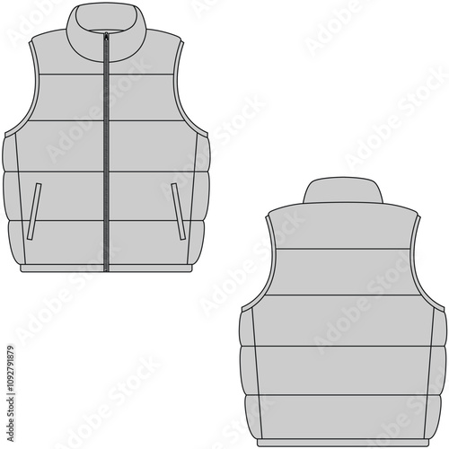 Puffer vest template design. Winter men and women coat.