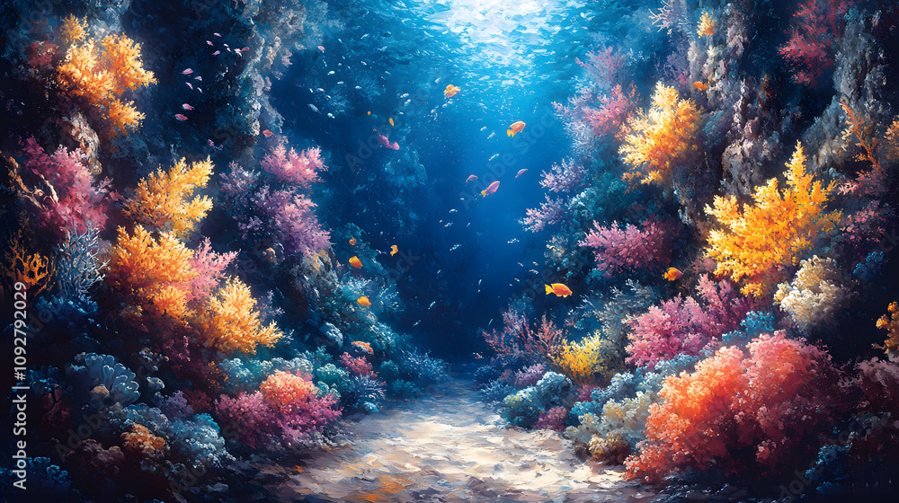 Naklejka premium An Exquisite Surreal Underwater Landscape with Luminous Corals and Exotic Fish in a Colorful Comic Art Style
