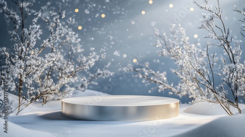 A polished podium with a modern design, featuring white and gold details, surrounded by elegant garlands and snow-covered branches. The backdrop includes a gentle winter night sky with twinkling