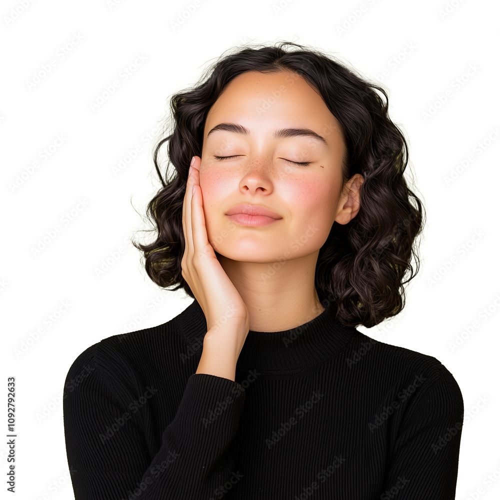 Woman with Curly Hair and Closed Eyes Touching Face on Transparent Background Woman with Curly Hair and Closed Eyes Touching Face on Transparent Background