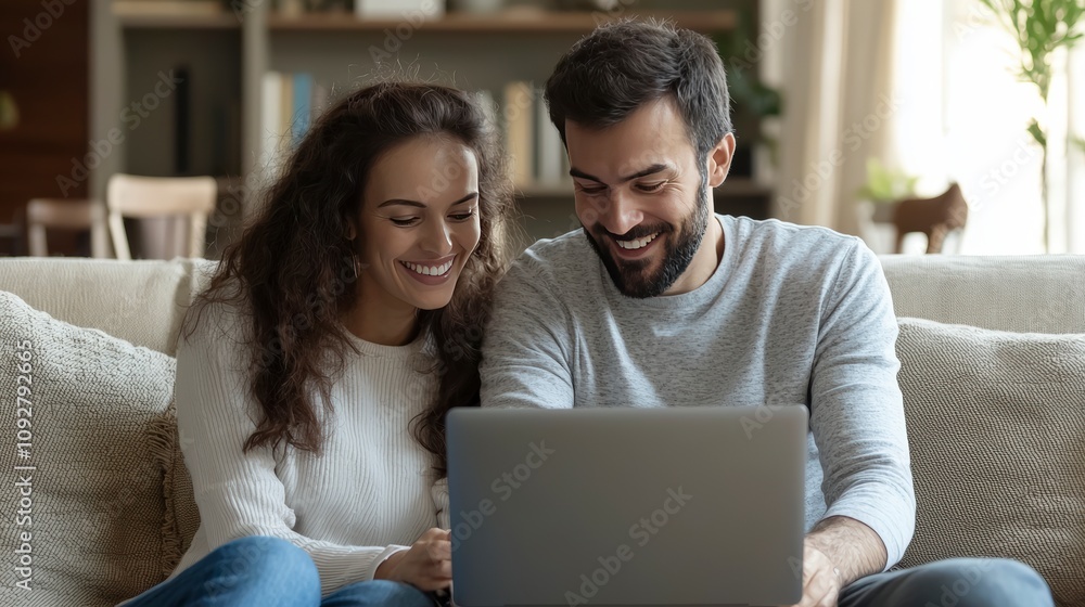 This image captures a couple smiling as they enjoy a shared digital experience on their laptop while seated comfortably on a sofa, embodying love and connection. This image captures a couple smiling as they enjoy a shared digital experience on their laptop while seated comfortably on a sofa, embodying love and connection.