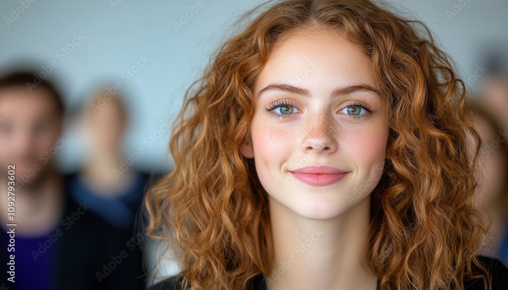 A young woman with curly hair displays a warm smile while attending a seminar A young woman with curly hair displays a warm smile while attending a seminar
