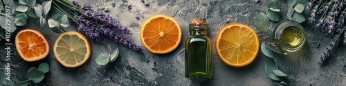 Bottles of lavender and orange essential oil. Selective focus photo