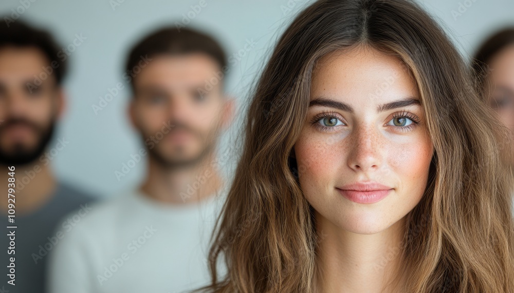 A young woman stands in focus, smiling, while friends are blurred behind her A young woman stands in focus, smiling, while friends are blurred behind her
