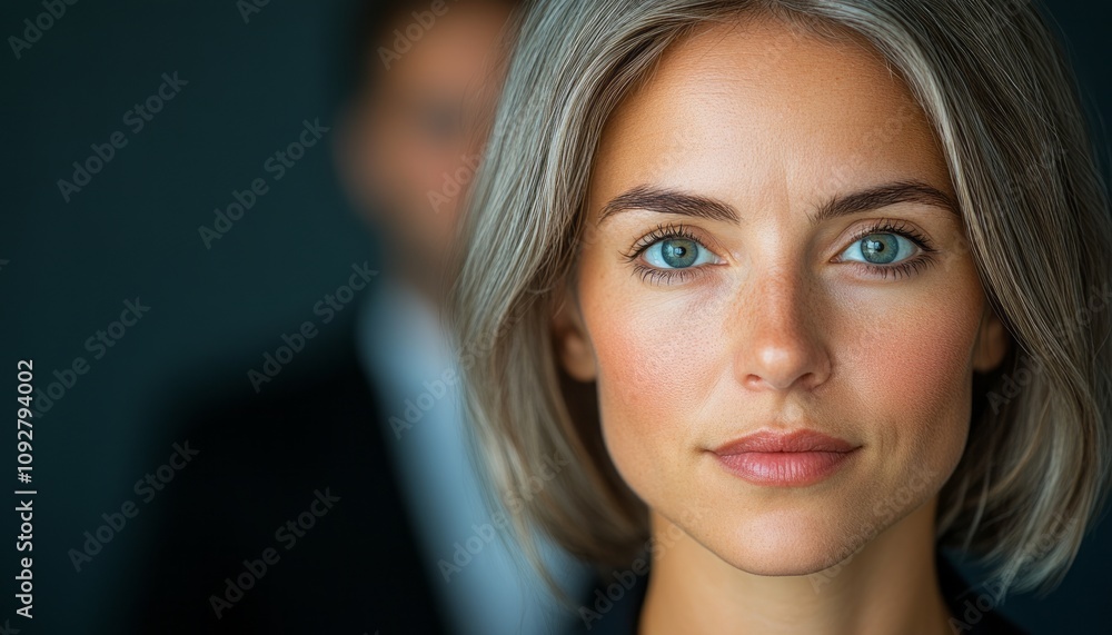 A woman with short silver hair and blue eyes stands confidently in front of a blurred figure A woman with short silver hair and blue eyes stands confidently in front of a blurred figure