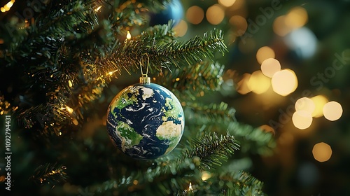 Christmas Tree with Earth Globe Ornament Among Other Decorations