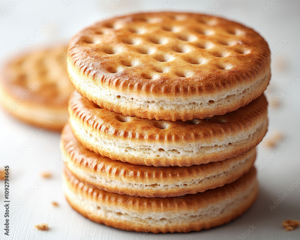 Stack of Golden Brown Biscuits on White Background High Detail Close-Up Stack of Golden Brown Biscuits on White Background High Detail Close-Up
