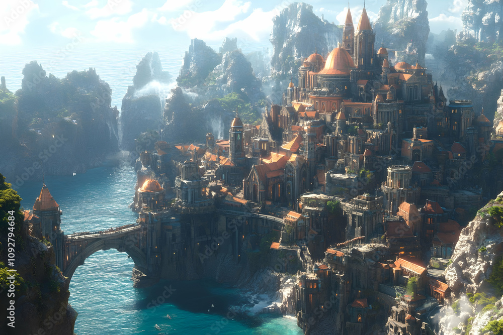 Fototapeta premium Majestic Coastal Castle Surrounded by Towering Mountains and Waterfalls, Featuring Detailed Gothic Architecture. Generative AI