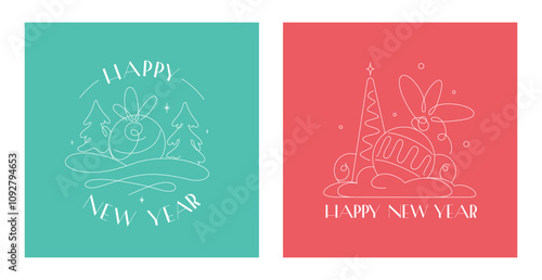 A set of concise New Year's illustrations drawn with a contour. A New Year's ball in snowdrifts with Christmas trees.