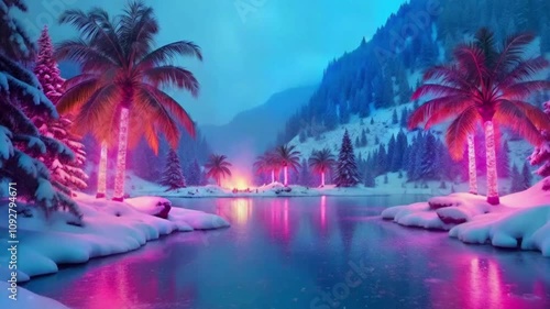 snow-laden landscapes illuminated by vibrant neon lights.celebrating the holiday season and Christmas traditions
