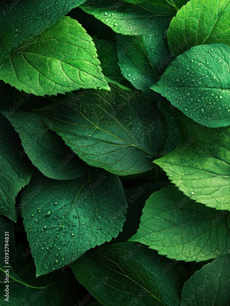 Obraz premium Lush green leaves with water droplets, close-up macro shot of vibrant foliage, nature background.