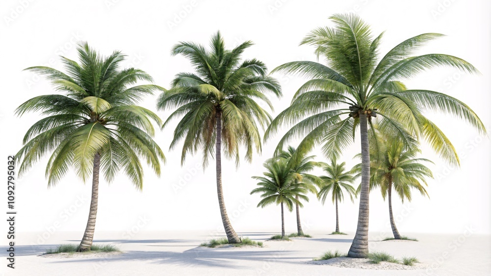 Photorealistic Coconut Palm Tree with Detailed Trunk, Green Fronds, Coconuts, and Sandy Base on White V5 Photorealistic Coconut Palm Tree with Detailed Trunk, Green Fronds, Coconuts, and Sandy Base on White V5