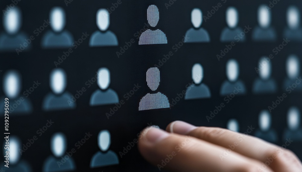 Hand interacts with a screen featuring multiple user icons and profiles displayed digitally Hand interacts with a screen featuring multiple user icons and profiles displayed digitally