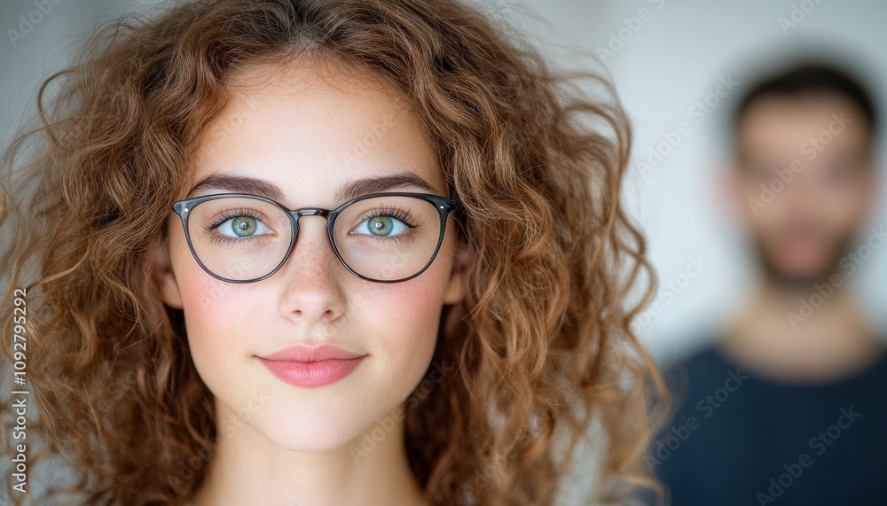 Curly-haired woman with glasses stands in focus as a man appears subtly behind her