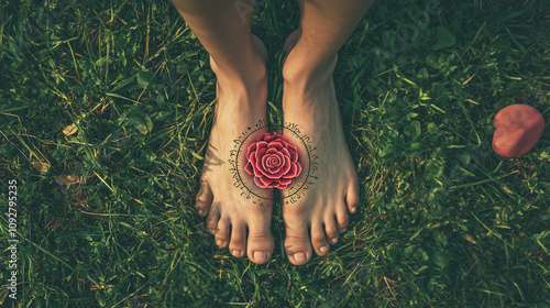 earthing rooting grounding. barefoot on grass. root chakra red symbol photo