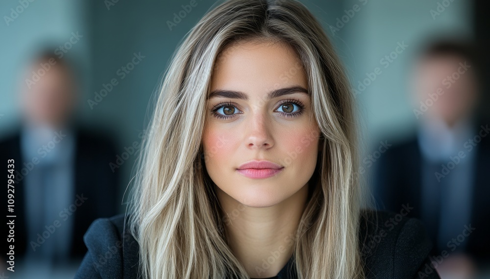 Fototapeta premium Confident woman focuses on conversation in a contemporary office with colleagues nearby