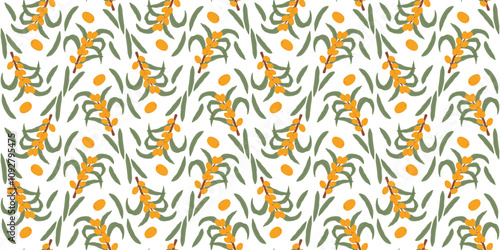 Vibrant seamless pattern featuring sea buckthorn berries and green leaves on a white background.
