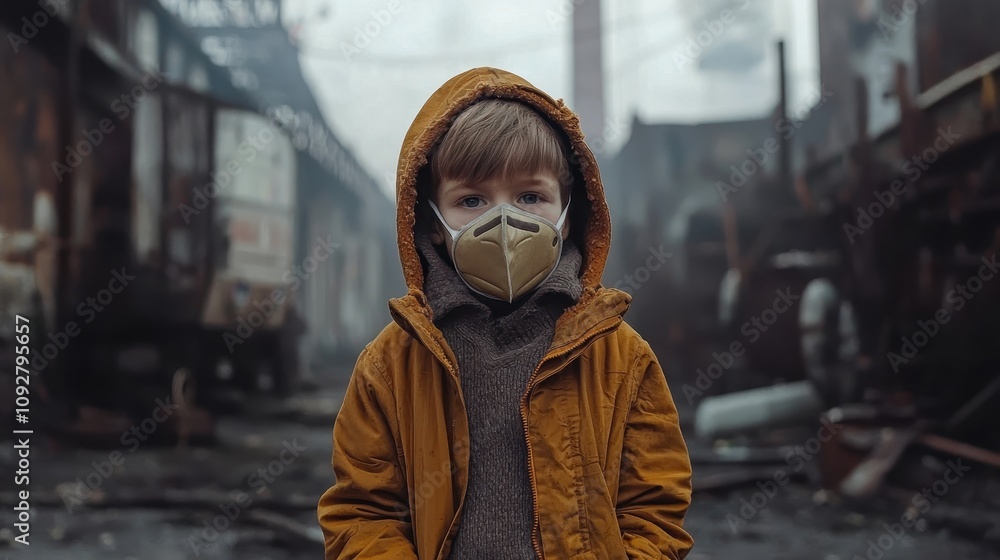 child in a mask on the background of a factory. Selective focus child in a mask on the background of a factory. Selective focus