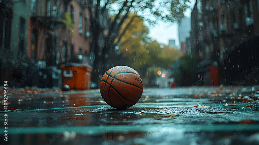 Urban Energy: A Skillful Player Dribbling a Light Green Basketball on a City Street Court Urban Energy: A Skillful Player Dribbling a Light Green Basketball on a City Street Court