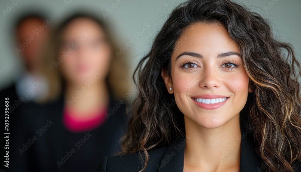 A smiling woman stands confidently in front of her colleagues during a meeting A smiling woman stands confidently in front of her colleagues during a meeting