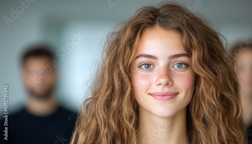 A young woman with curly hair wears a warm smile while others are blurred behind her