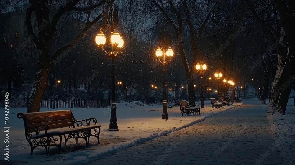 Snowy park at Christmas. Selective focus Snowy park at Christmas. Selective focus