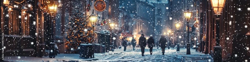 Naklejka premium People walking on Christmas streets. Selective focus