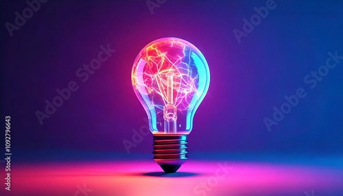 A vibrant light bulb illuminated with colorful, glowing filaments against a dark backdrop, symbolizing creativity and innovation.