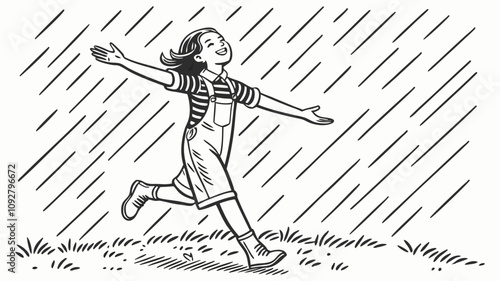 Joyful Girl Running in the Rain with Open Arms. girl enjoy, girl enjoy rain, enjoyable girl, pre-teen girl enjoyment, girl entertainment.