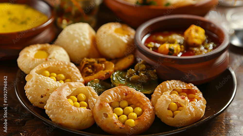 A plate of Mauritian dholl puri, with soft and fluffy flatbread filled with yellow split peas, served with pickles, chutneys, and spicy sauces, for a delicious and satisfying street food snack. A plate of Mauritian dholl puri, with soft and fluffy flatbread filled with yellow split peas, served with pickles, chutneys, and spicy sauces, for a delicious and satisfying street food snack.