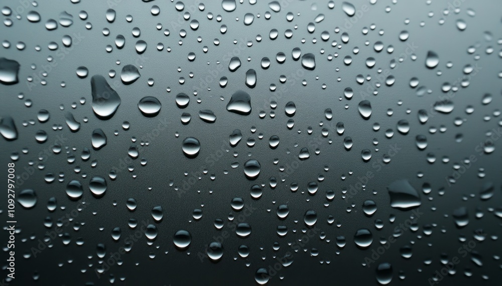 Raindrops gather on a dark surface, reflecting light in a tranquil urban setting Raindrops gather on a dark surface, reflecting light in a tranquil urban setting