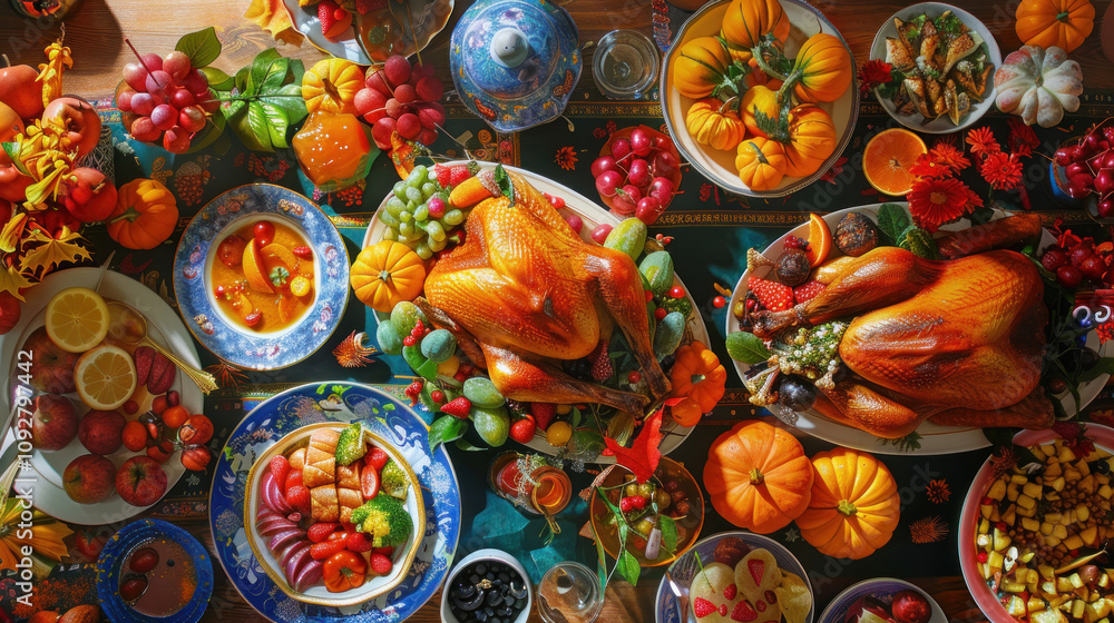 A multicultural Thanksgiving feast with family, table filled with a mix of traditional turkey and international dishes, bright decorations from various cultures, joyful and vibrant mood A multicultural Thanksgiving feast with family, table filled with a mix of traditional turkey and international dishes, bright decorations from various cultures, joyful and vibrant mood
