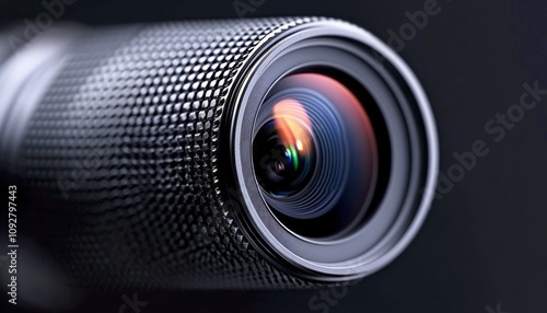 Close-up view of a camera lens showcasing intricate details and reflective colors photo