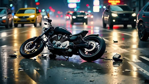 Motorcycle Accident Scene on Wet Urban Street at Night

 photo