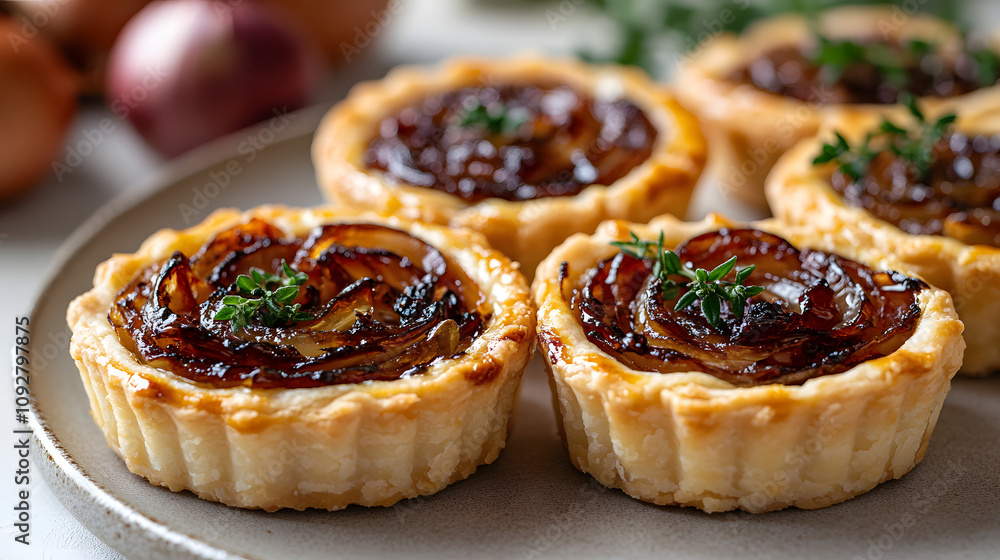 Savory Miniature Tartlets with Creamy Goat Cheese and Caramelized Onions for Holiday Celebrations Savory Miniature Tartlets with Creamy Goat Cheese and Caramelized Onions for Holiday Celebrations