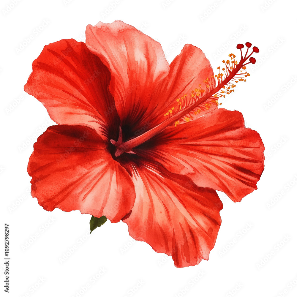 A bold watercolor depiction of a hibiscus flower with vibrant red petals.
