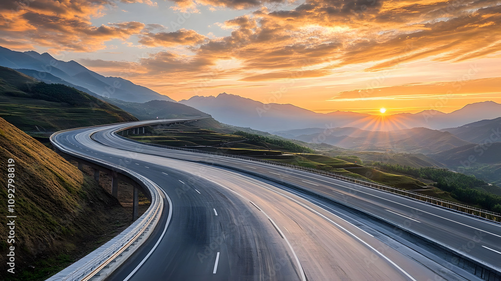 Asphalt highway road and mountain natural scenery at sunrise. panoramic view. Asphalt highway road and mountain natural scenery at sunrise. panoramic view.