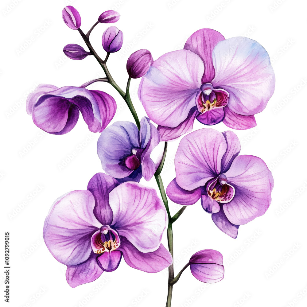 Obraz premium A vibrant watercolor illustration of blooming orchids in exotic purple hues.