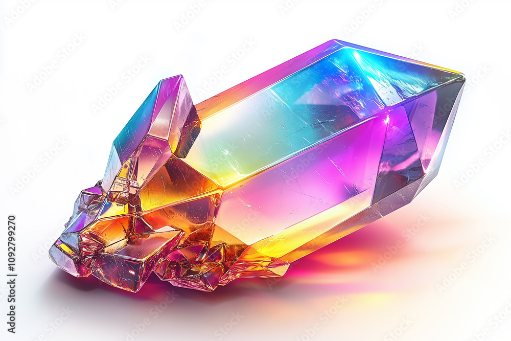 Realistic faceted crystal gem with prism effect and rainbow reflections, isolated on a white background. High-quality 3D gemstone design, ideal for jewelry, luxury, and decorative concepts. Realistic faceted crystal gem with prism effect and rainbow reflections, isolated on a white background. High-quality 3D gemstone design, ideal for jewelry, luxury, and decorative concepts.
