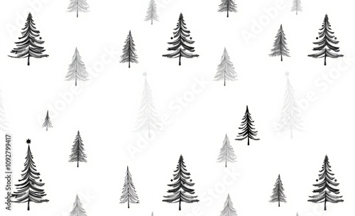 Minimalist pine tree pattern, black and white illustration, geometric trees, sparse forest design, repeating evergreen motif, simple winter landscape, scandinavian style, monochrome nature print, abst