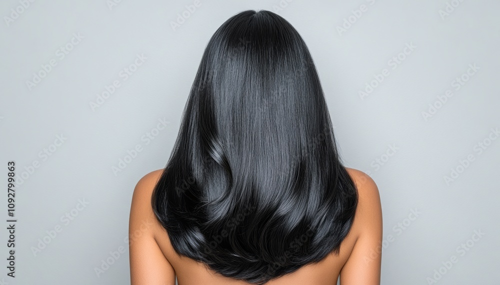 Silky black hair flows smoothly down the back, highlighting its shine and health Silky black hair flows smoothly down the back, highlighting its shine and health