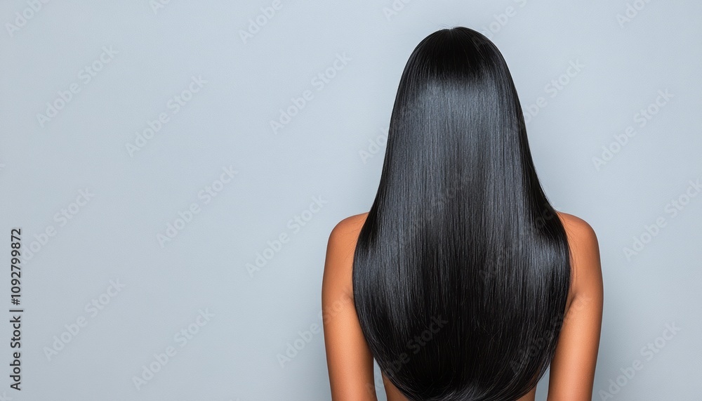 Fototapeta premium A person showcases their long, glossy black hair against a soft grey backdrop