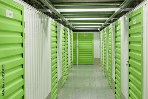 Background shot of green metal door closed on latch with lock on leading to self storage unit at warehouse, copy space photo