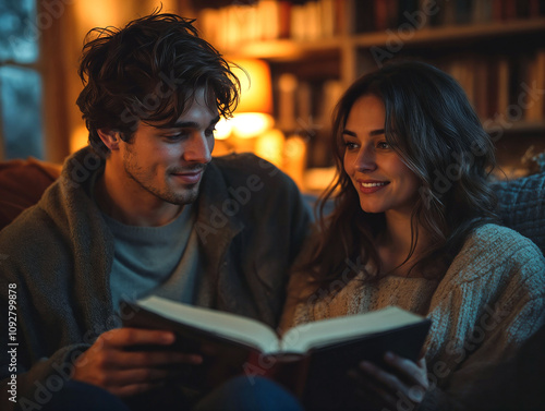 Couple Reading Book Aloud Together in Cozy Living Room