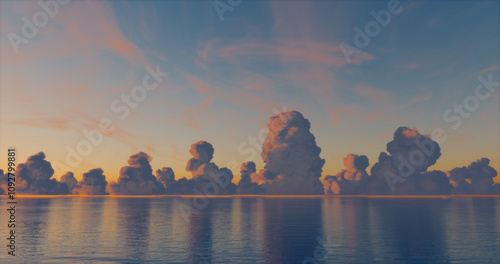 Morning sky, sea and cumulonimbus clouds. Blue and orange sunrise. 3D rendering.