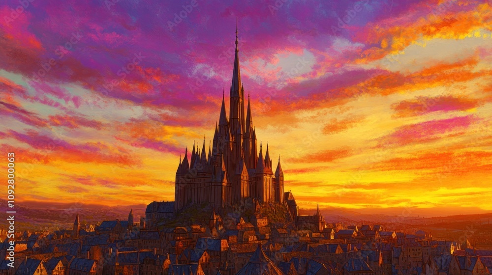 Naklejka premium A majestic castle silhouette against a vibrant sunset sky.