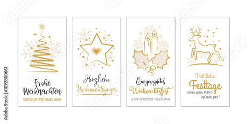 Weihnachtsgrußkarten-Set - deutscher Text - goldene Weihnachtliche Motive auf weißem Hintergrund - Frohe Weihnachten, Herzliche Weihnachtsgrüße, ein gesegnetes Weihnachtsfest, fröhliche Festtage
