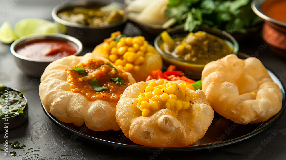 A plate of Mauritian dholl puri, with soft and fluffy flatbread filled with yellow split peas, served with pickles, chutneys, and spicy sauces, for a delicious and satisfying street food snack. A plate of Mauritian dholl puri, with soft and fluffy flatbread filled with yellow split peas, served with pickles, chutneys, and spicy sauces, for a delicious and satisfying street food snack.