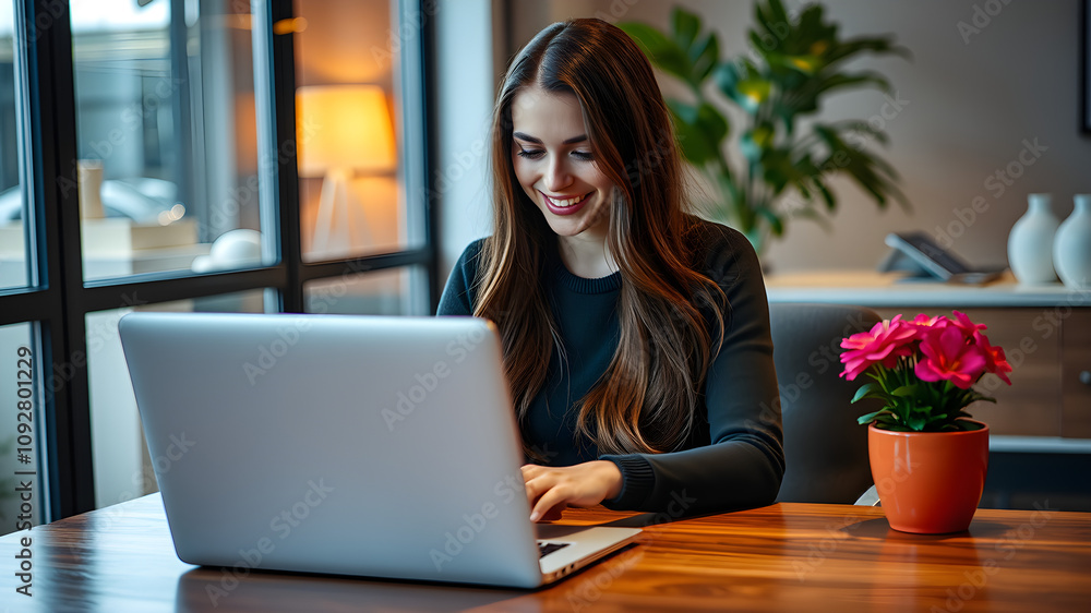 Businesswoman working on laptop, Work from home, , Digital Marketing, Smiling Young Woman Working on Laptop in a Modern Office Businesswoman working on laptop, Work from home, , Digital Marketing, Smiling Young Woman Working on Laptop in a Modern Office