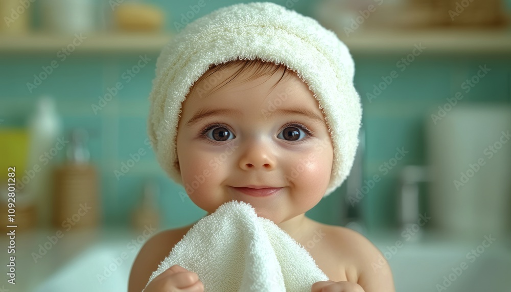 Cute baby wearing a towel enjoys a joyful moment in a warm, inviting bathroom Cute baby wearing a towel enjoys a joyful moment in a warm, inviting bathroom